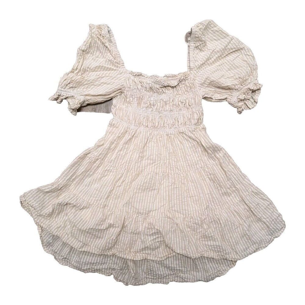 MINKPINK Ithica Dress Womens Medium Beige Striped Ruffle Mini Square Neck Cotton